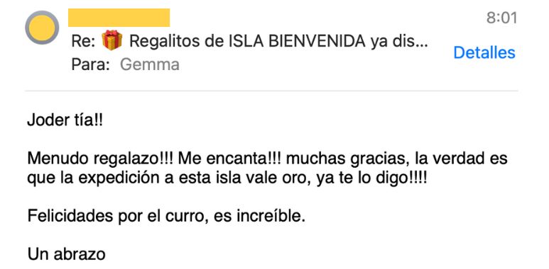 testimonio isla bienvenida regalo